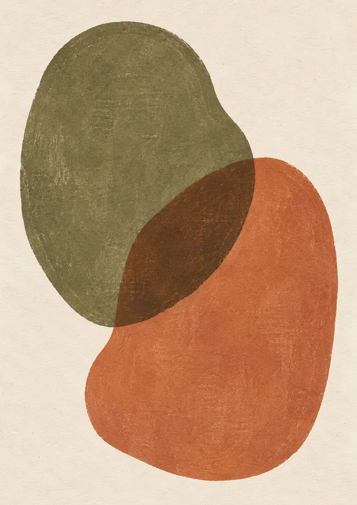 Two overlapping organic shapes, olive green above and terracotta below, meeting in a dark brown overlap on cream paper.