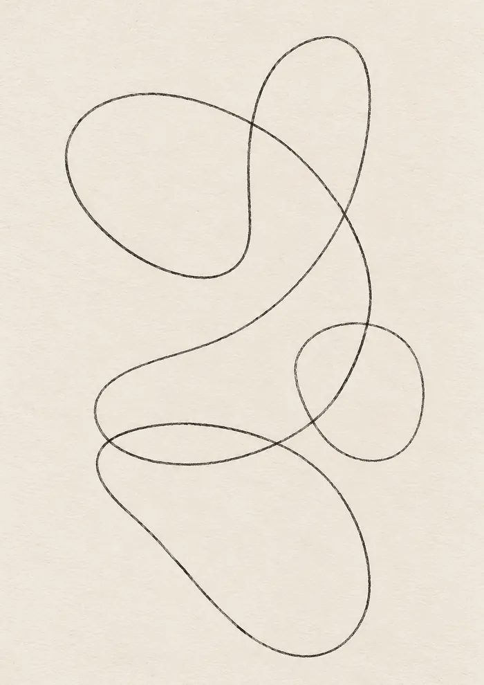 A single thin black line forming loose, overlapping loops and organic outlines on a warm cream background.