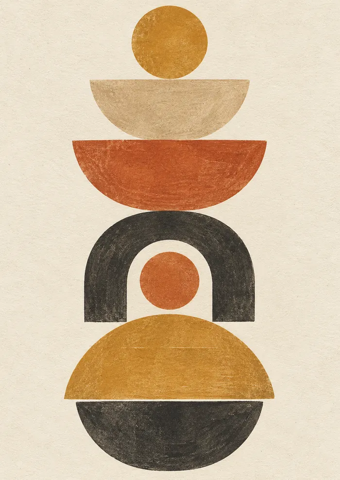 A vertical stack of shapes in ochre, sand, terracotta and black: circles, bowl-like half circles and an arch on cream paper.