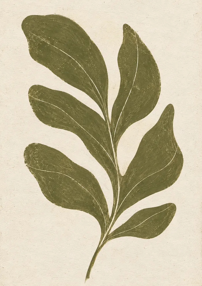 A single stylised branch with six broad olive green leaves and thin pale veins, set against a warm cream paper background.