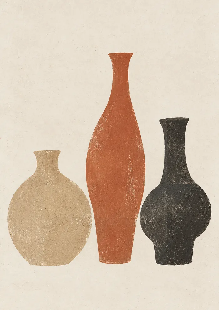 Three vase silhouettes on cream paper: a round sand-coloured vase, a tall slim terracotta vase and a black vase with a rounded body.
