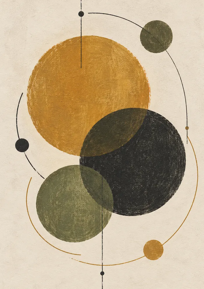 Overlapping circles in ochre, black and olive green, encircled by thin black and ochre orbit lines with small dots on cream paper.
