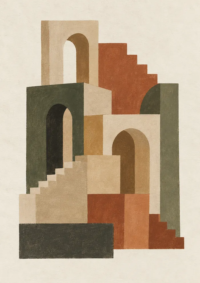 An imagined architecture of stacked blocks, arched openings and stairs in sand, terracotta, olive green and near-black on cream paper.