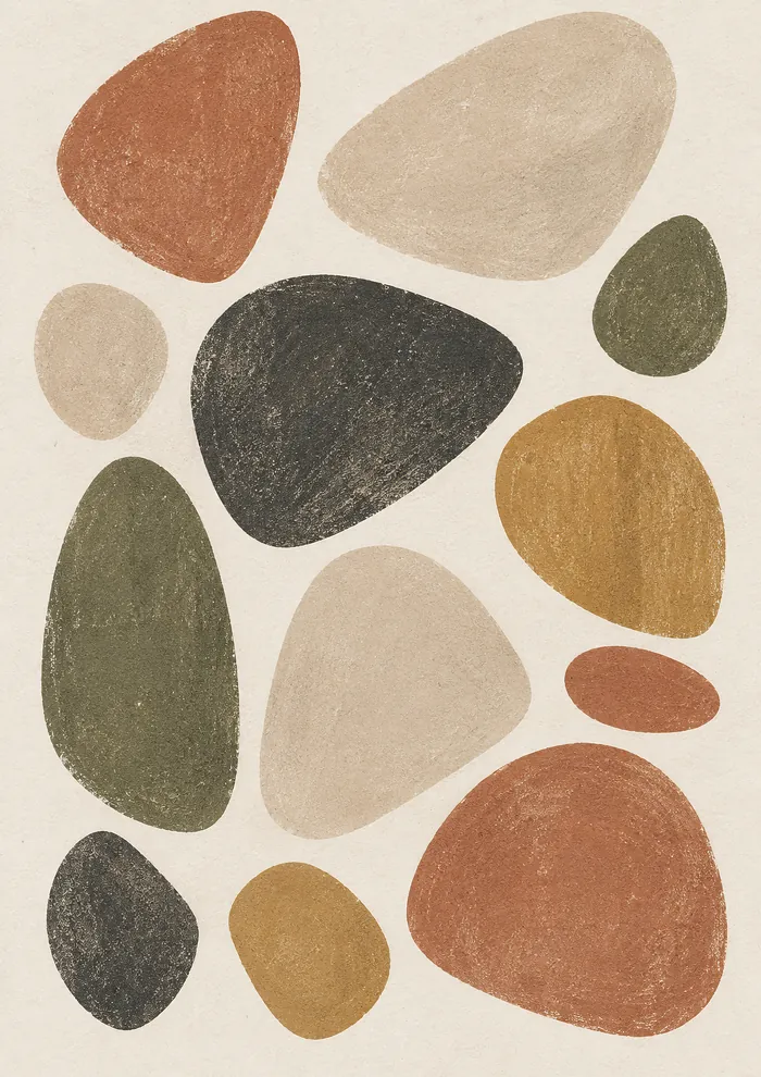Twelve rounded pebble shapes in terracotta, light sand, olive green, ochre and charcoal, spaced loosely across cream paper.