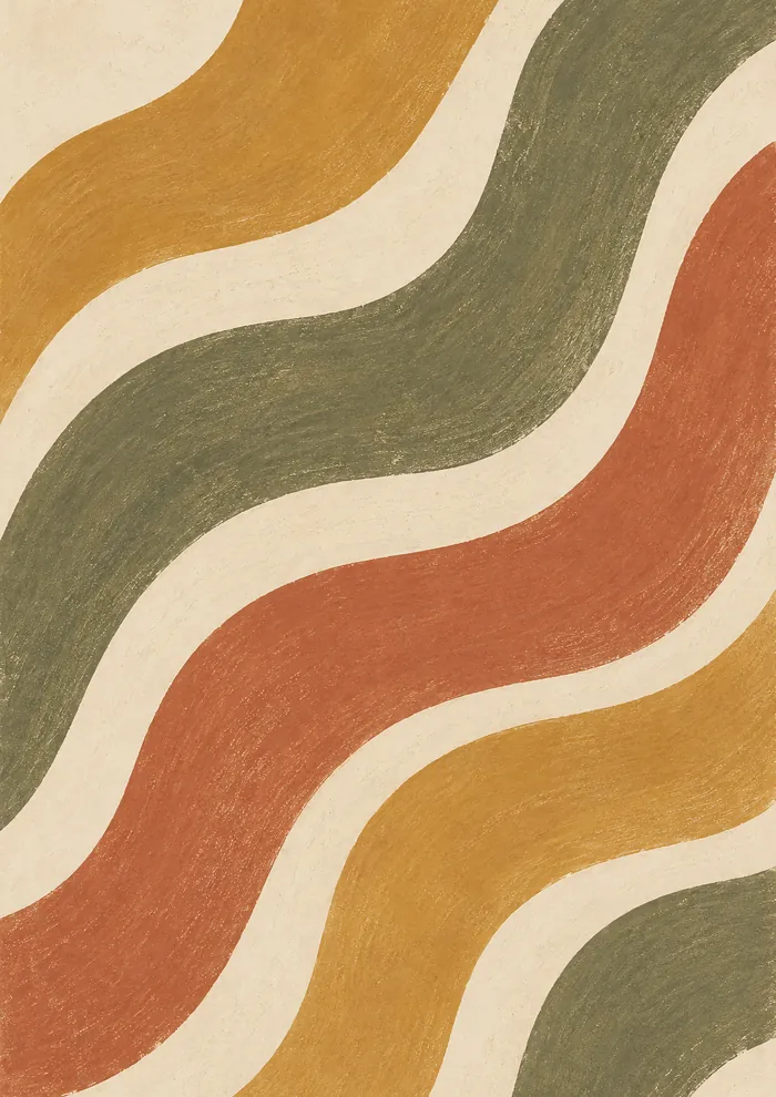 Wide wavy diagonal bands in ochre, olive green and terracotta alternating with cream stripes, running edge to edge across the sheet.