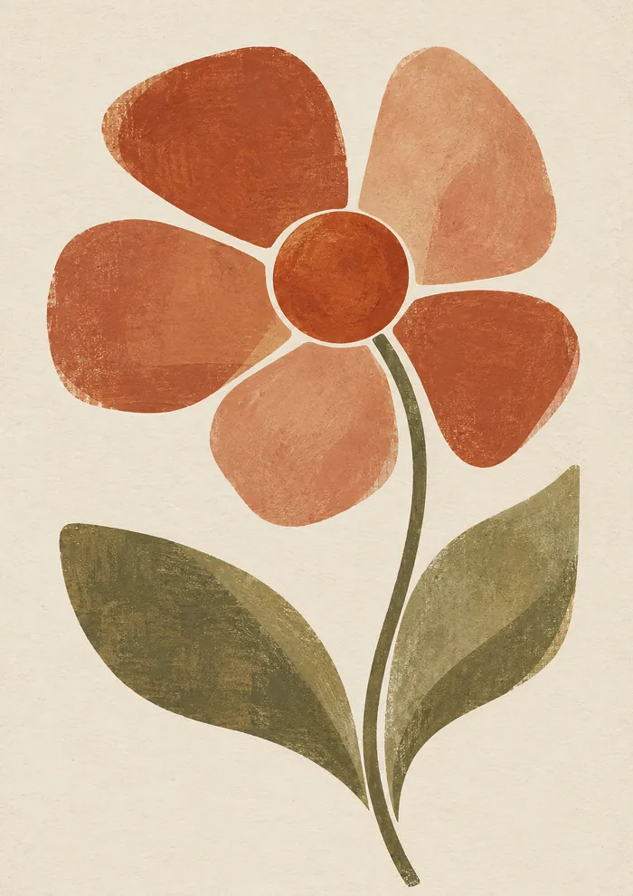 A stylised flower with five petals in terracotta and blush pink around a rust centre, on a thin olive stem with two broad leaves.
