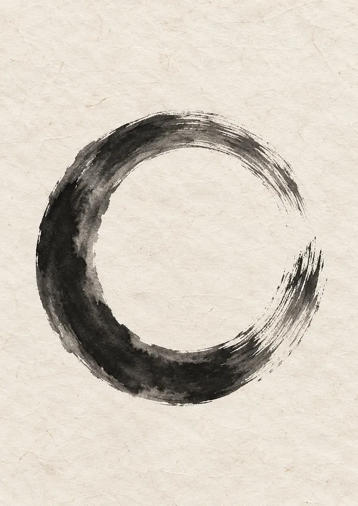 Open black ink circle on cream textured paper, thick and dark on the left, thinning into dry, broken brush marks at the gap on the right.