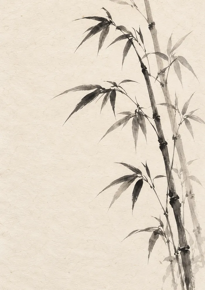 Several bamboo stalks with jointed nodes and slender leaves in black and grey ink wash along the right side of beige paper, the left side left empty.
