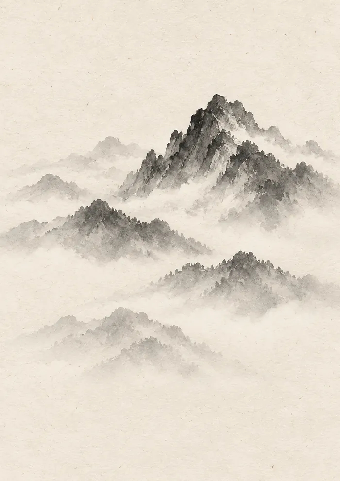 Jagged ink-wash mountain peak with smaller ridges below, all partly hidden in drifting white mist, on pale cream paper with empty sky above.