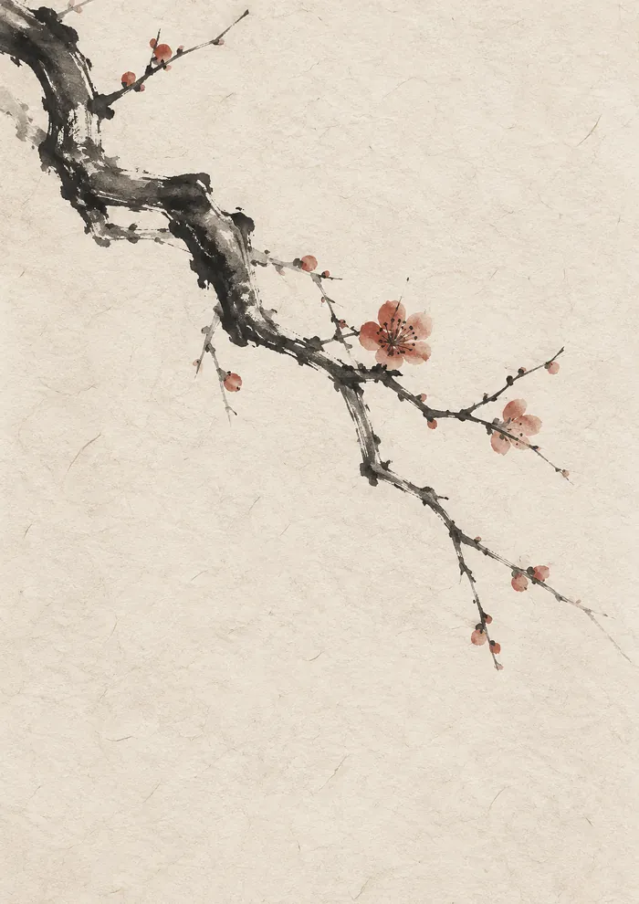 Dark, gnarled plum branch reaching diagonally from the top left corner, with a few coral-pink blossoms and small round buds, on cream textured paper.