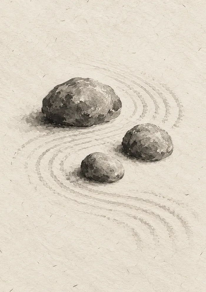 Three rounded grey stones of different sizes in ink wash, with curved raked lines in pale gravel flowing around them, on warm cream paper.