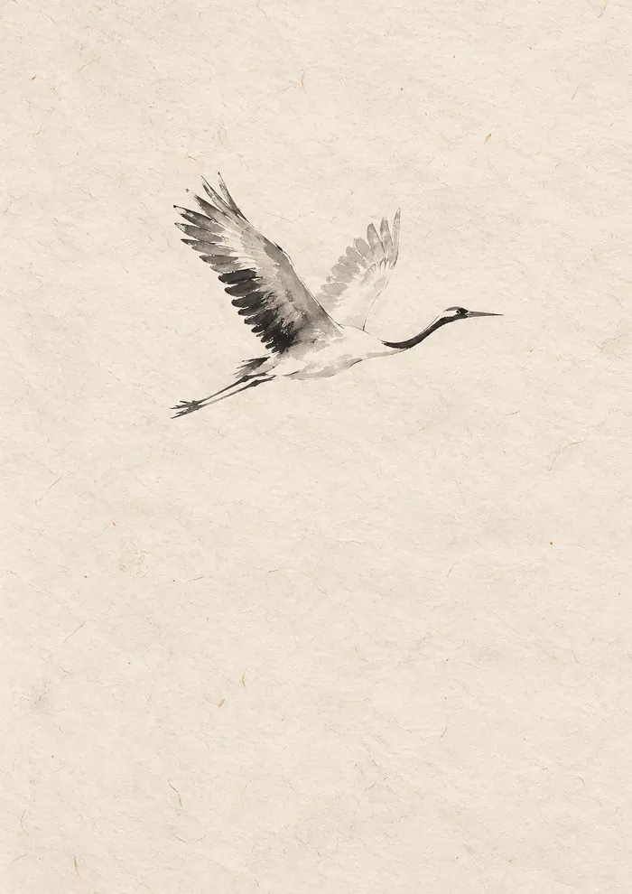 A single crane in flight with raised grey wings, black neck and long trailing legs, small in the upper half of a wide expanse of cream paper.