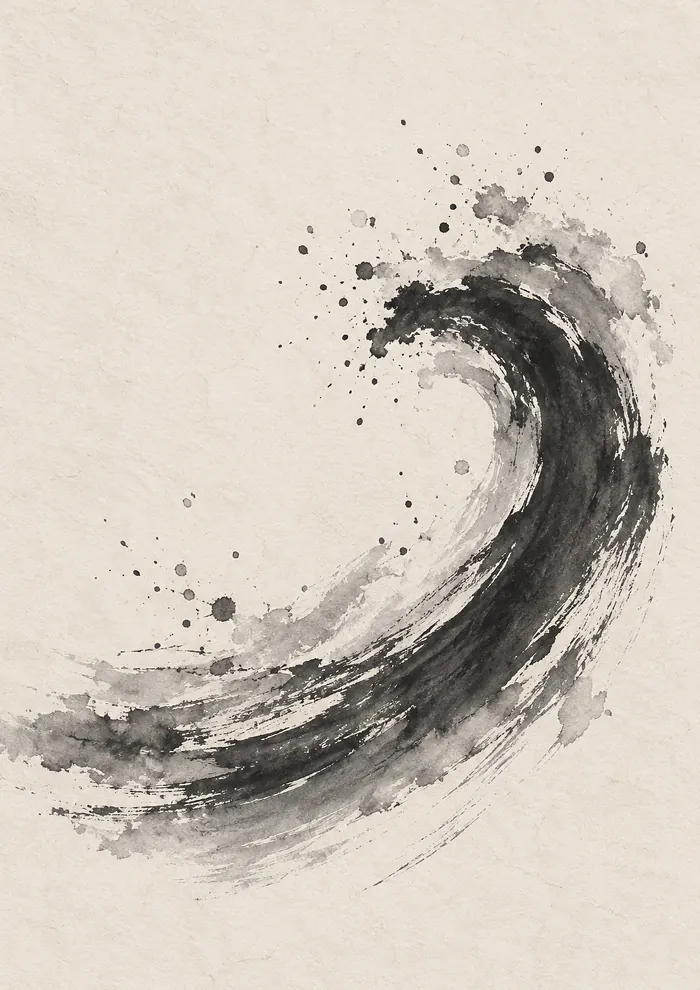 A curling wave of broad, dry black and grey brushstrokes rising from lower left to upper right, with scattered ink splashes at the crest, on cream paper.