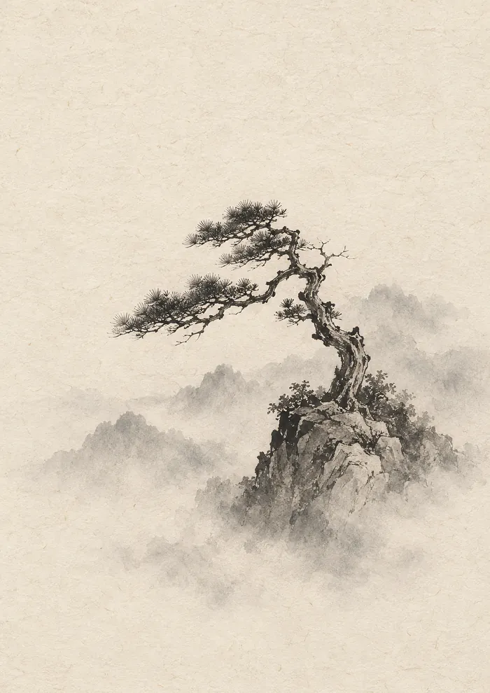 A windswept pine with a twisted trunk on a rocky outcrop, branches reaching to the left, with misty grey mountains behind, in ink wash on cream paper.