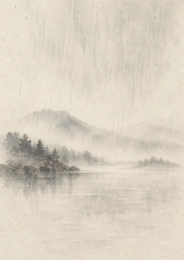 Fine vertical rain streaks over a calm lake with a wooded shore on the left, a small island on the right and misty hills behind, in pale grey ink wash.