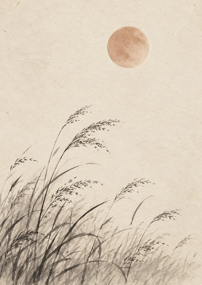 Terracotta full moon in the upper right above tall grasses with feathery seed heads bending in the wind, in black and grey ink on warm beige paper.