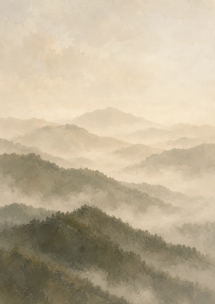 Layered forested mountain ridges fading into white fog below a pale cream sky, with a distant peak on the horizon.