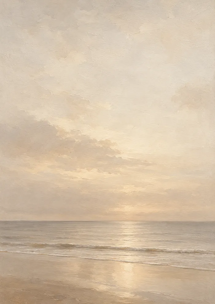 A calm sea under a wide, cloudy ivory sky, with low sunlight reflected across gentle waves and the wet sand of the beach.