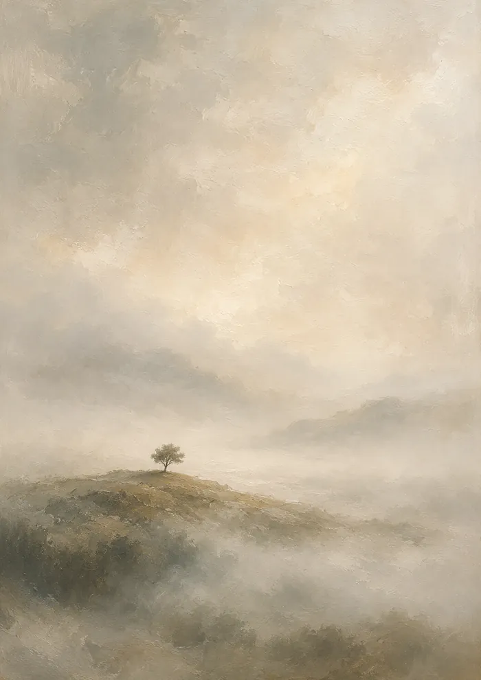 A small solitary tree on a grassy hilltop above a valley filled with fog, beneath a vast, soft sky of grey and cream clouds.