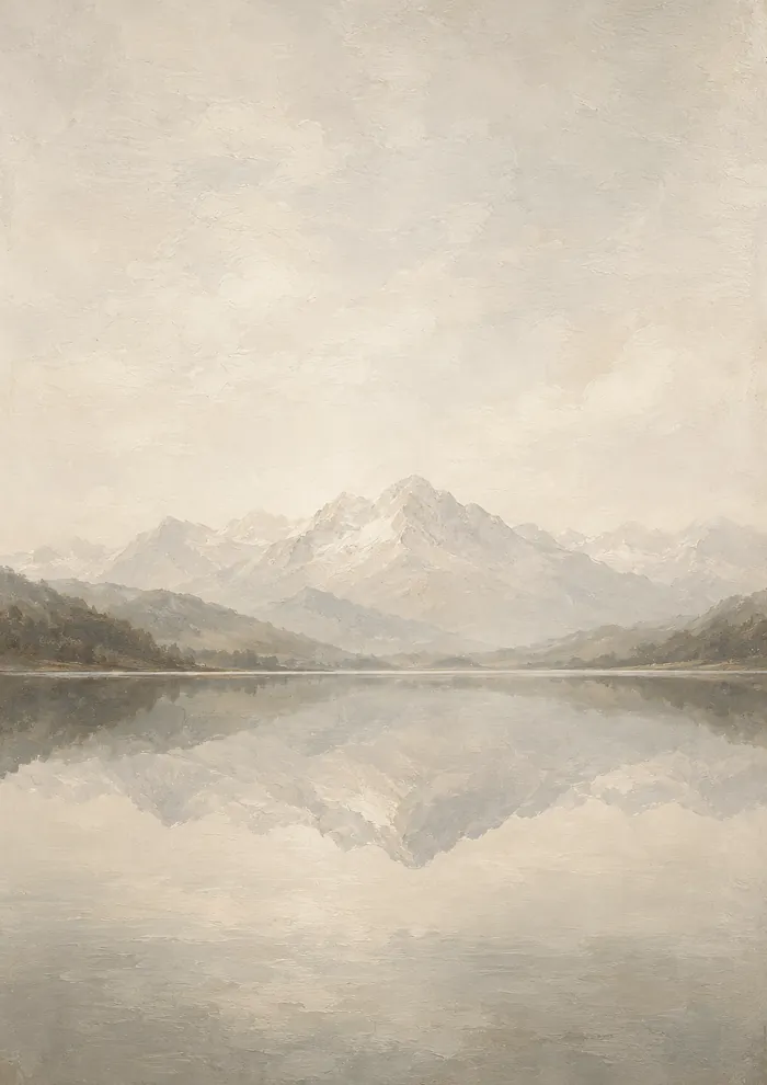 A snow-capped mountain range mirrored in a perfectly still lake, with wooded shores on both sides and a pale, overcast sky above.