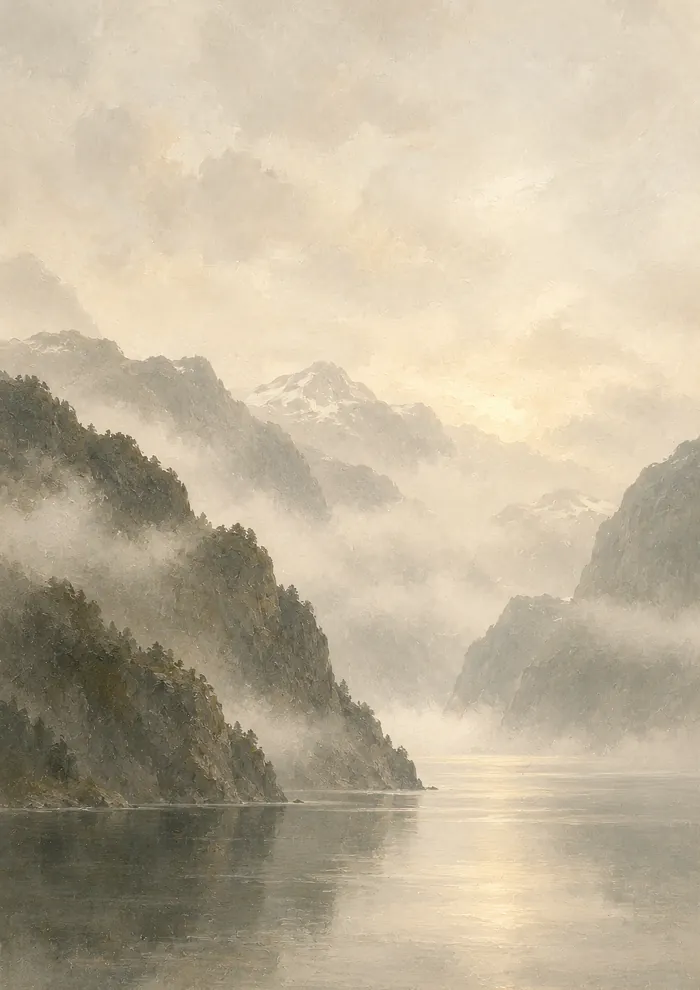 Steep forested cliffs rising from a still fjord, low clouds drifting between them, snow-dusted peaks and soft warm light in the distance.