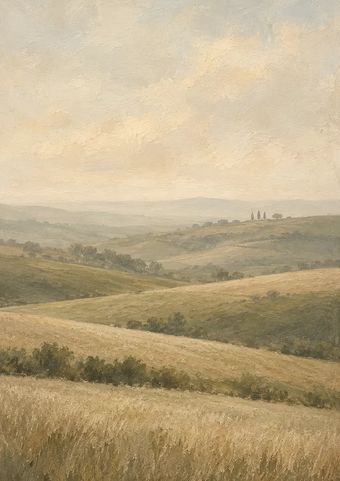 Rolling hills with a golden grain field in the foreground, green hedgerows and a few cypress trees on a distant ridge under a pale cloudy sky.