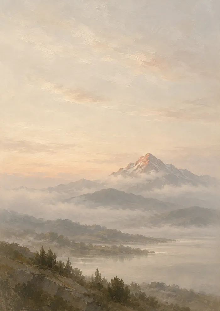 A snowy mountain peak glowing pink at dawn above layers of mist, a calm lake and a hillside with small pine trees in the foreground.
