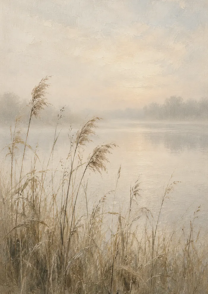 Tall feathery reeds in the foreground of a misty lake, with trees fading into fog on the far shore and a pale sun low in the sky.
