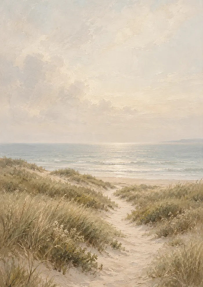 A narrow sandy path winding through dune grass towards a calm sea, light shimmering on the water and a low headland on the horizon.