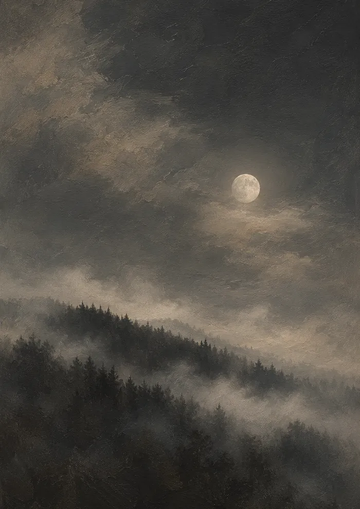 A full moon in a dark, cloudy night sky above a slope of dense conifer forest, with pale fog drifting between the trees.