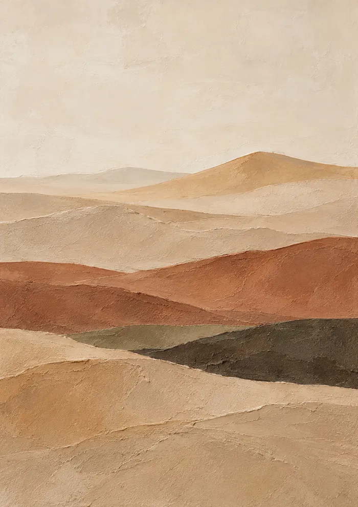 Abstract desert landscape of layered dunes in sand, terracotta, olive and dark brown under a pale cream sky, with thick plaster-like texture.