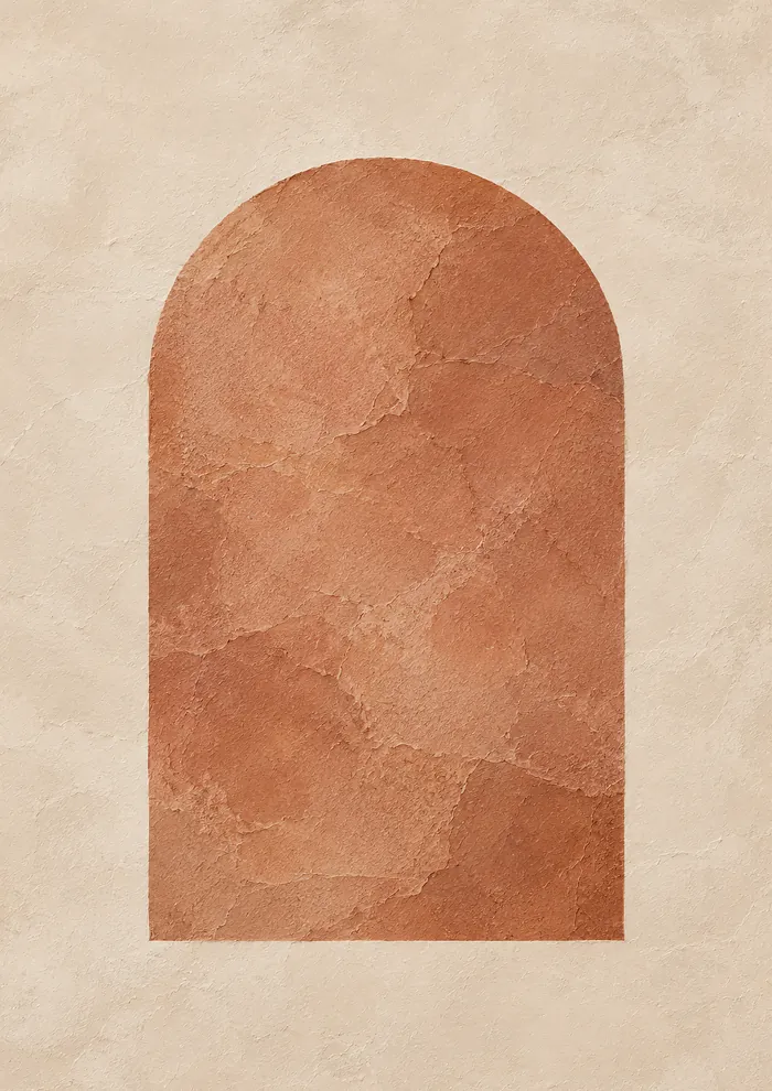 Terracotta arch shape centred on a cream background, both with a cracked, plaster-like surface texture in warm earthy tones.