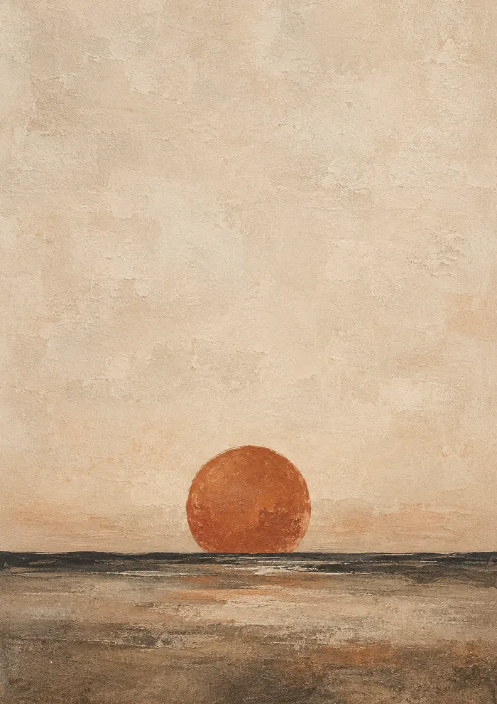 Large rust-orange sun sitting on a dark horizon over a misty brown foreground, beneath a wide textured sky in pale cream and beige.