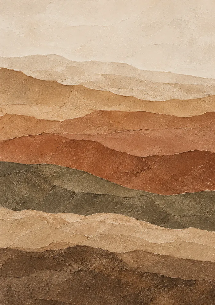 Horizontal wavy bands in cream, ochre, terracotta, olive green and dark brown layered like rock strata, with raised, torn-looking edges.