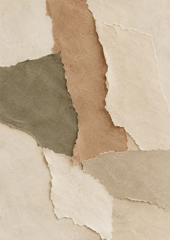 Overlapping torn paper shapes in cream, olive green, warm tan and greige, with soft deckled edges on a light beige ground.