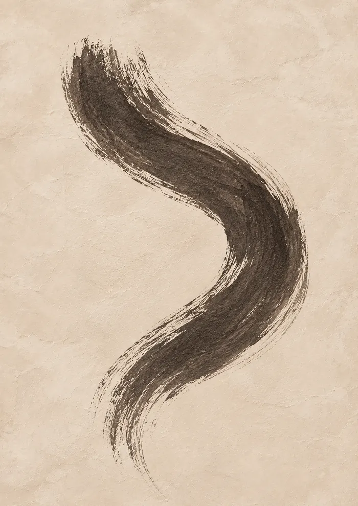 A single S-shaped brushstroke in dark sepia brown with dry, feathered edges, curving down a warm beige textured background.