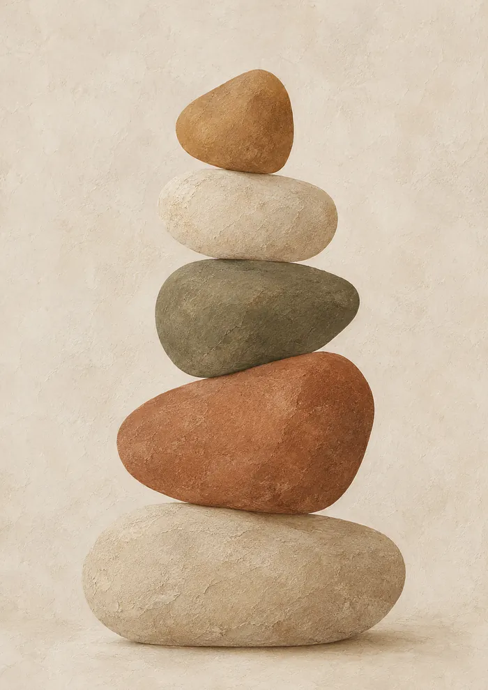 A stack of five smooth stones in ochre, off-white, grey-green, terracotta and pale beige, balanced on each other against a light cream wall.