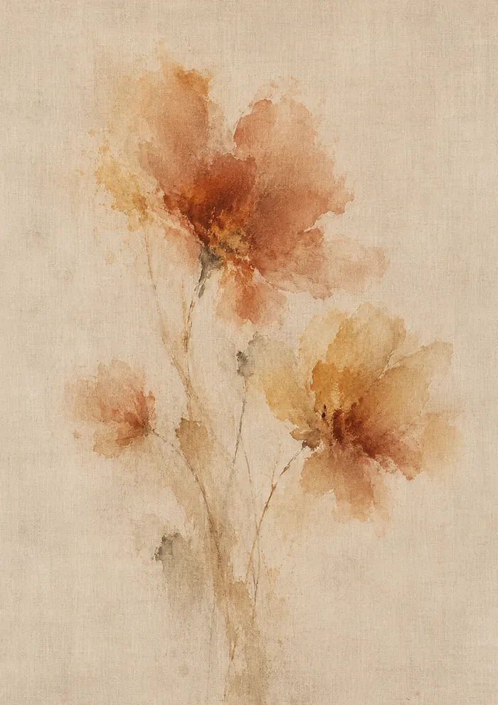 Loose watercolour-style flowers in peach, rust and golden yellow on thin stems, softly blurred against a warm beige textured background.