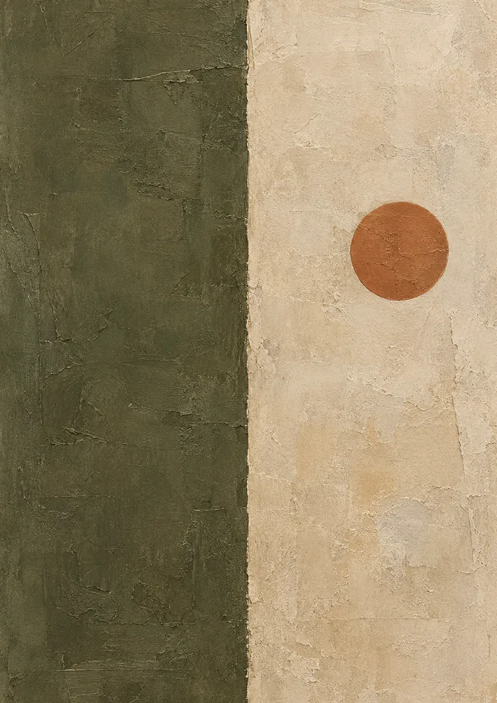 Vertically split composition: dark olive green on the left, textured cream on the right, with a small terracotta circle in the upper right.