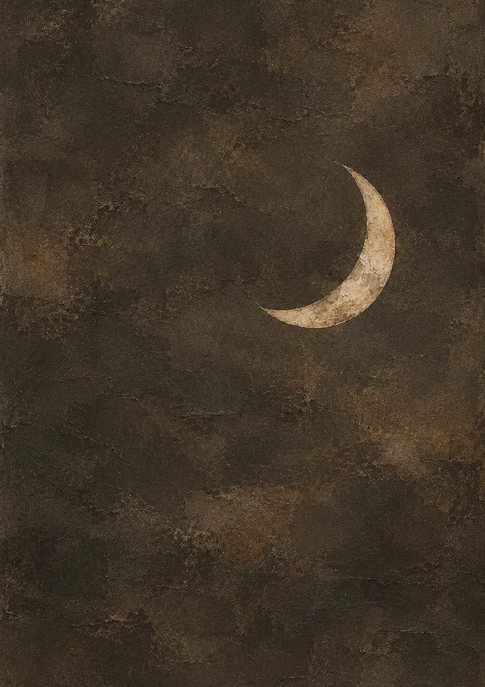 A pale cream crescent moon on a dark brown and charcoal background with mottled rust tones and a rough, plaster-like surface.